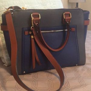 Grey blue and tan bag